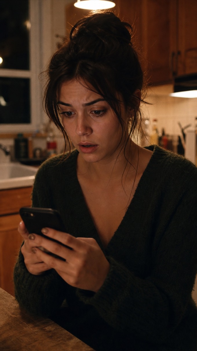 Dona de negócio à noite, preocupada, olhando o celular sem conseguir responder os clientes a tempo