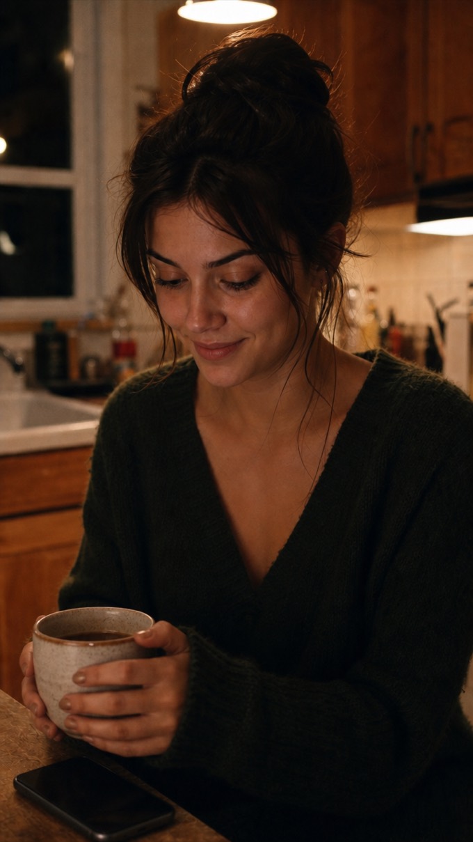 A mesma dona de negócio tranquila, tomando café, com o atendimento resolvido pela Lena